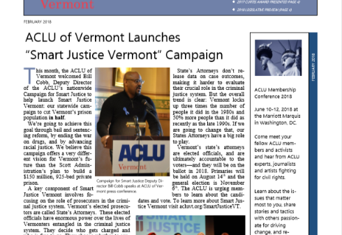 February 2018 Defender Front Page featuring Smart Justice Vermont campaign