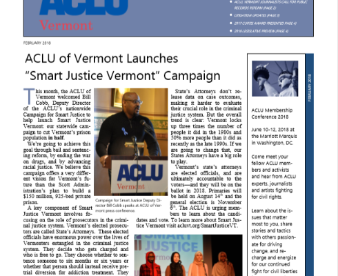 February 2018 Defender Front Page featuring Smart Justice Vermont campaign