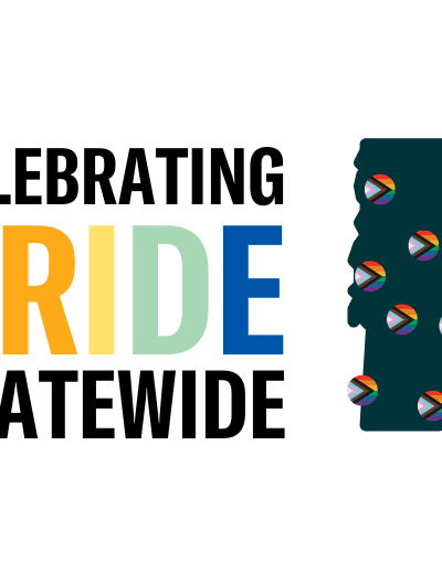 Celebrating Pride Statewide, Vermont outline with rainbow flag dots scattered throughout state