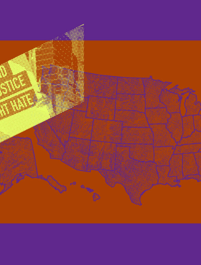 map of United States with images overlaying it of the statue of liberty, a protest poster, and the white house