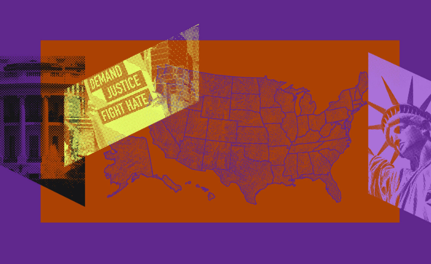 map of United States with images overlaying it of the statue of liberty, a protest poster, and the white house