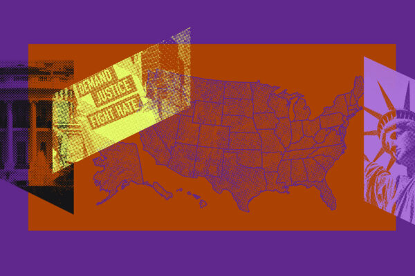 Collage of graphics of the U.S. map, protest signs