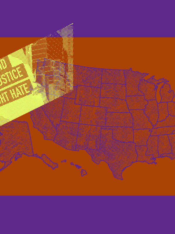 Collage of graphics of the U.S. map, protest signs