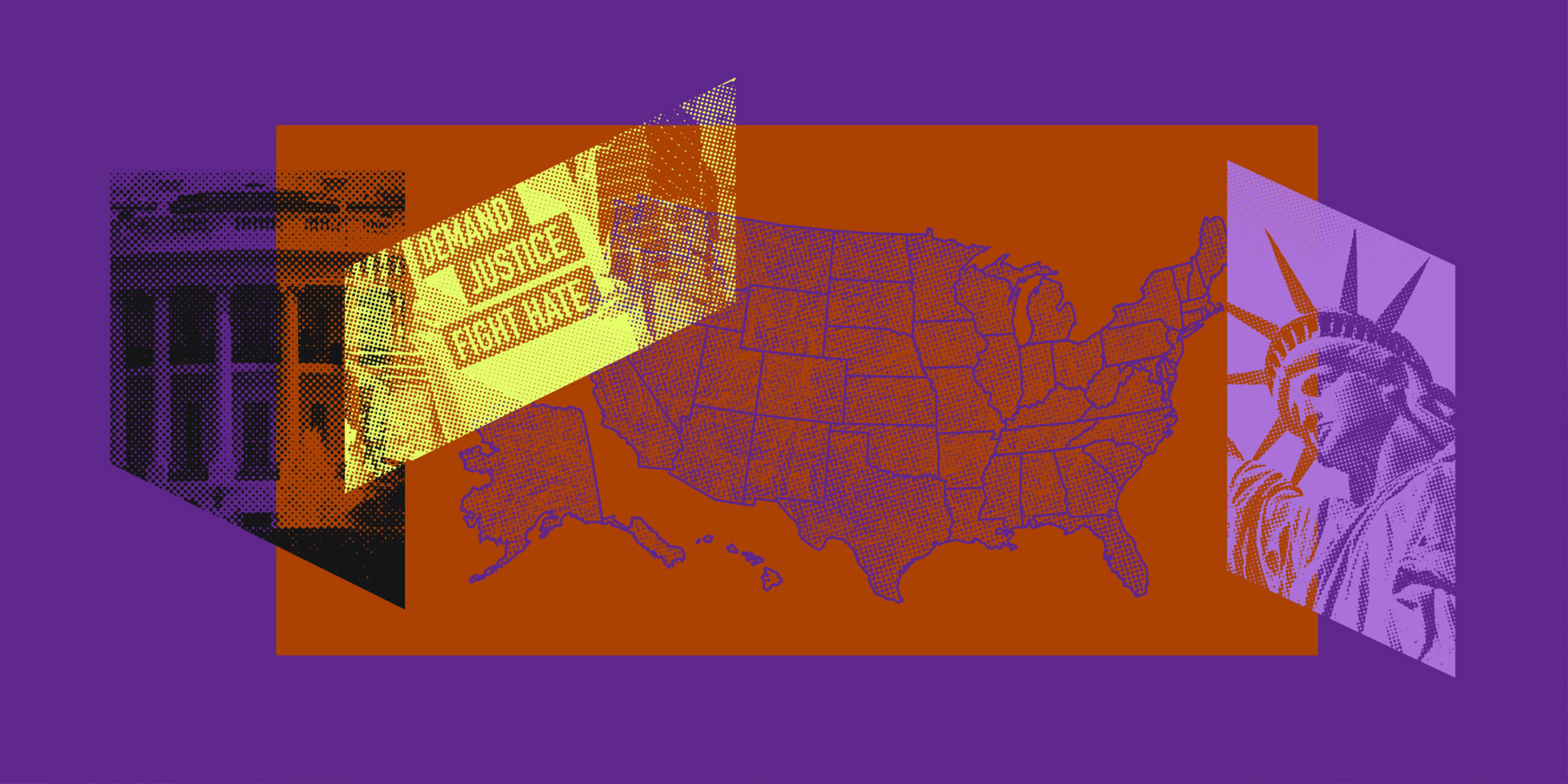 Collage of graphics of the U.S. map, protest signs