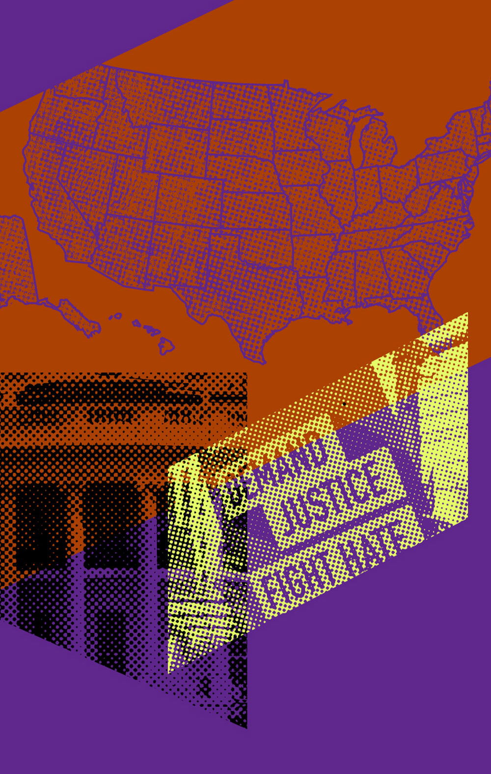 Collage of graphics including U.S. map and protest signs
