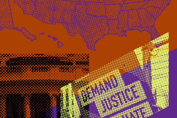 Collage of graphics including U.S. map and protest signs