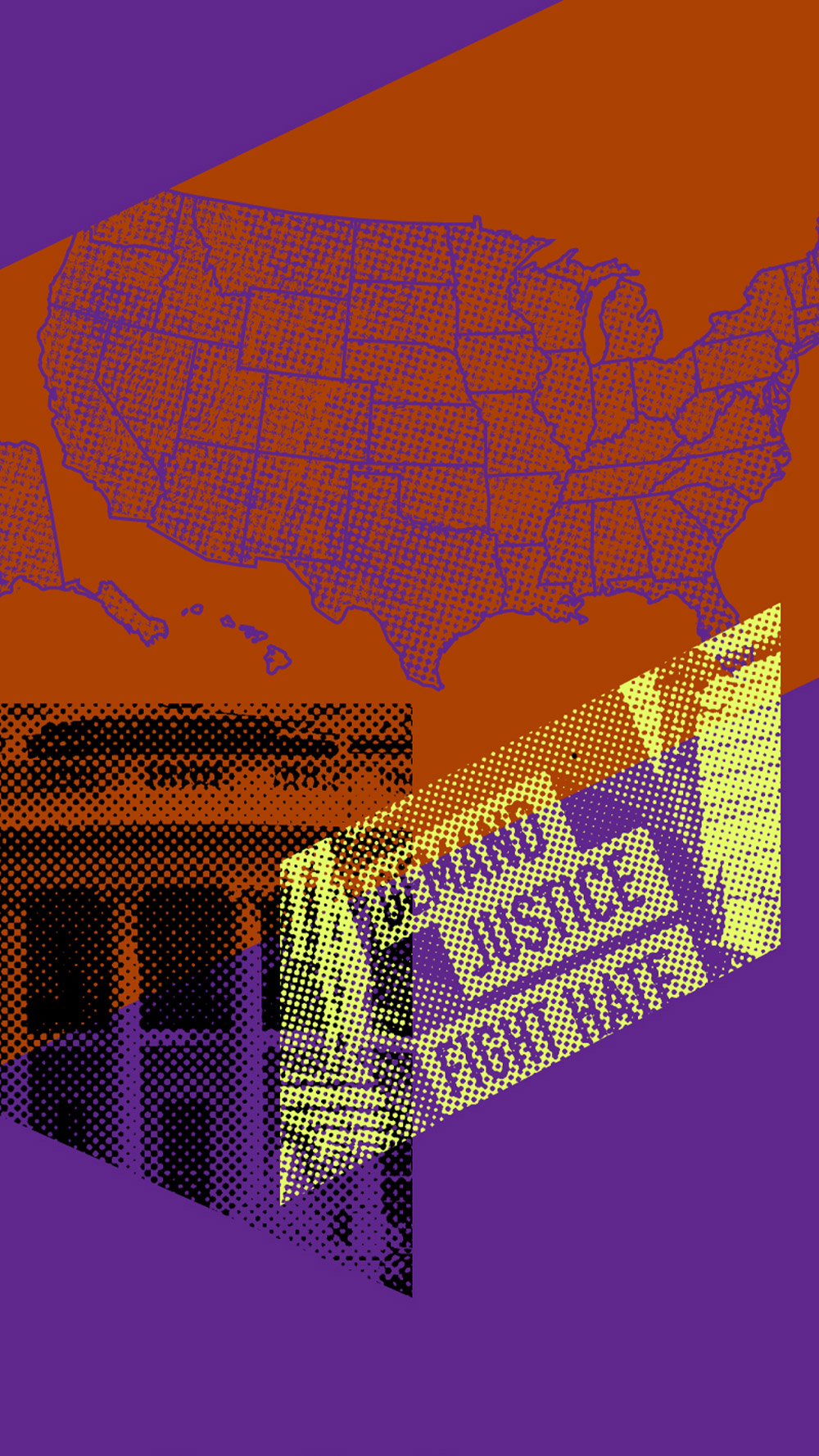 Collage of graphics including U.S. map and protest signs