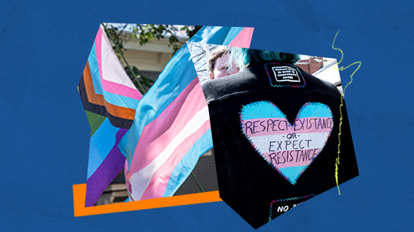 Gender affirming care, trans flag, trans flag heart saying respect existance or expect resistance