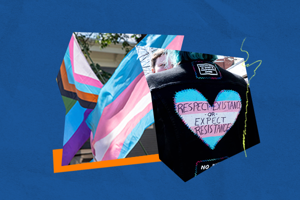 Gender affirming care, trans flag, trans flag heart saying respect existance or expect resistance