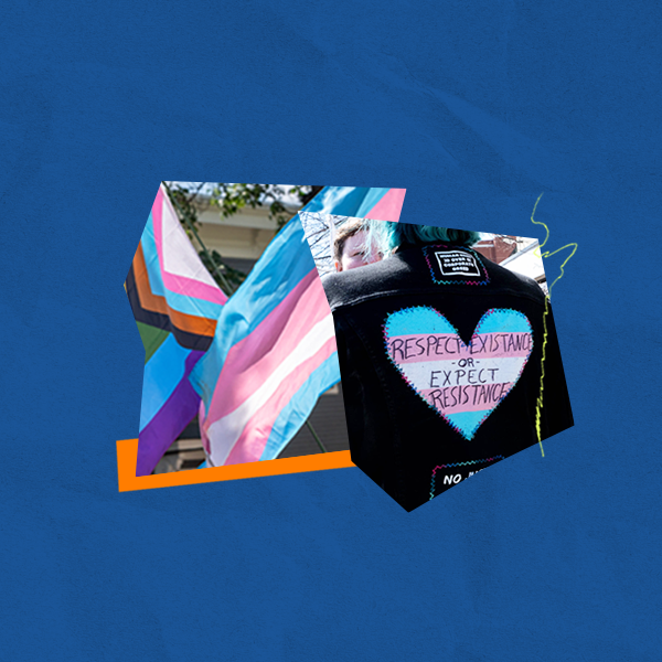 Gender affirming care, trans flag, trans flag heart saying respect existance or expect resistance