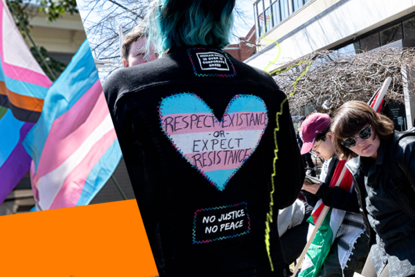 trans flag and protest signs in support of trans rights