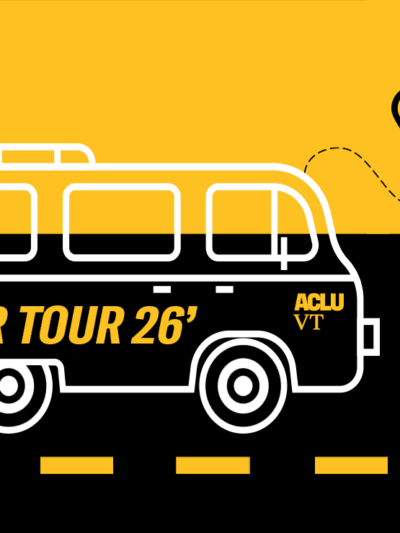 van on road, know your rights 26' on the side of the van with the ACLU of VT logo