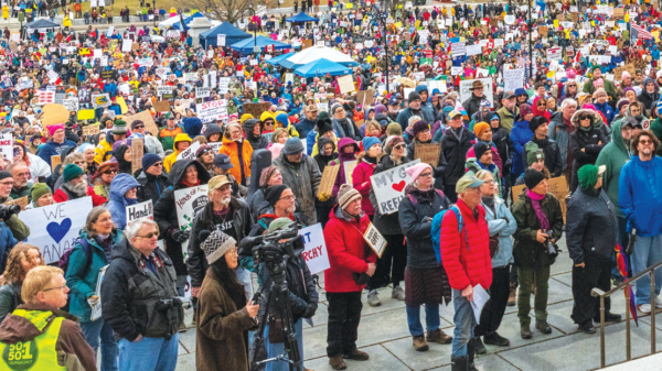 Spring Newsletter, hands off rally, Montpelier