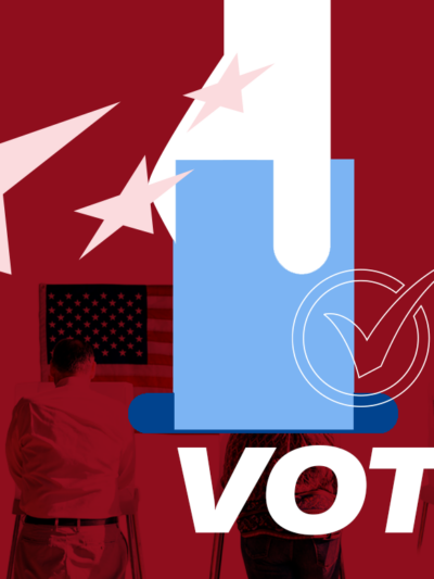 people voting in person at a polling location, vector hand graphic, the word vote