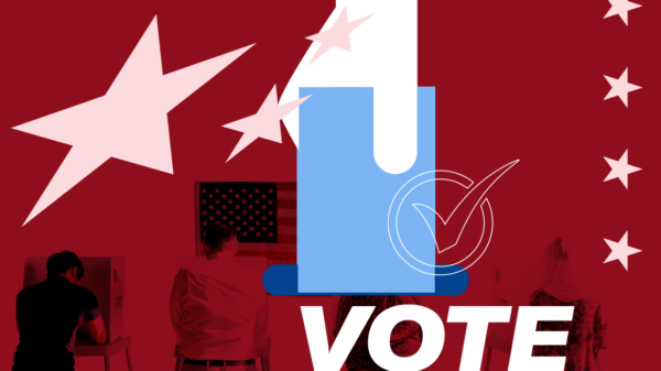 people voting in person at a polling location, vector hand graphic, the word vote