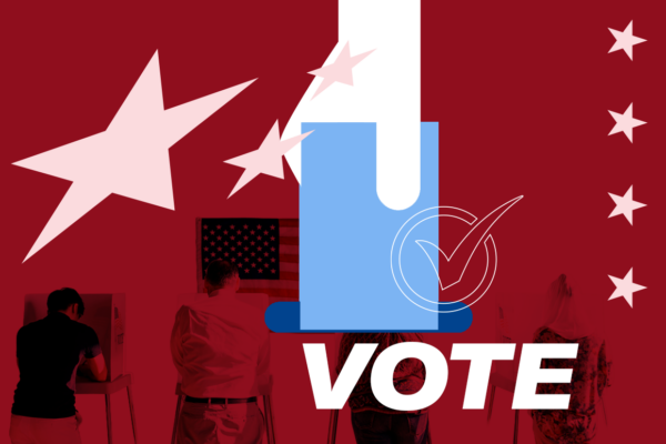 people voting in person at a polling location, vector hand graphic, the word vote
