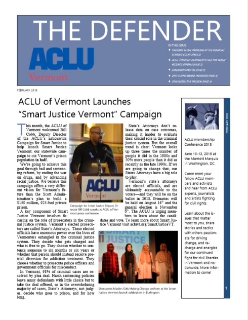 February 2018 Defender Front Page featuring Smart Justice Vermont campaign