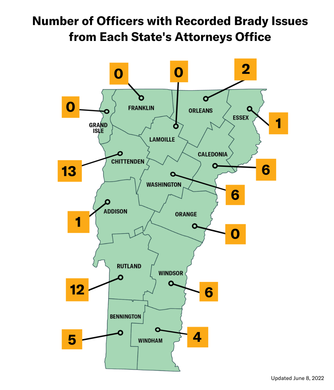 Map of Vermont with counties, names of state's attorneys, and number of letters written by each.