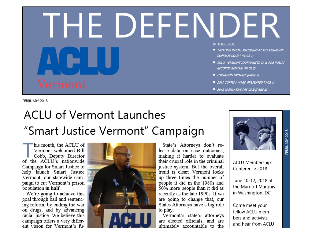 February 2018 Defender Front Page featuring Smart Justice Vermont campaign
