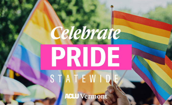 Celebrate Pride Statewide text on photo of pride flags