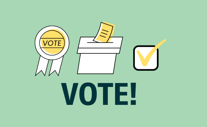 VOTE! voting badge, ballot box, and check mark