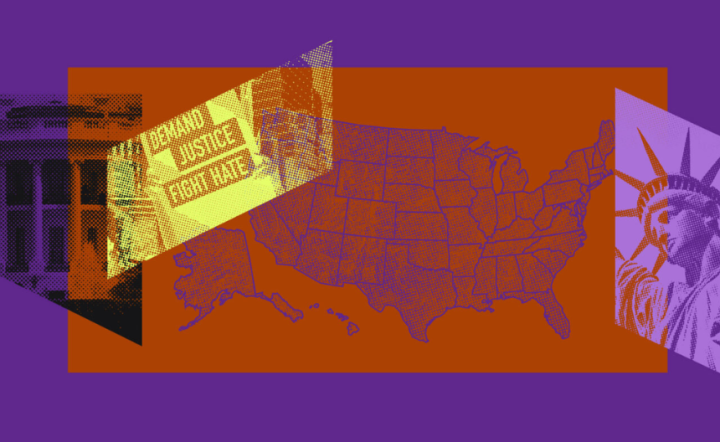 map of United States with images overlaying it of the statue of liberty, a protest poster, and the white house