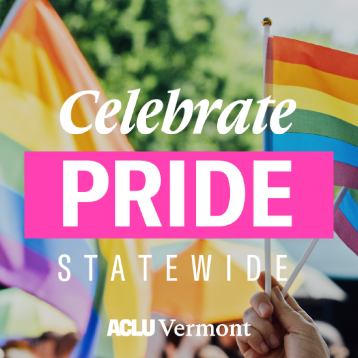 Celebrate Pride Statewide text on photo of pride flags