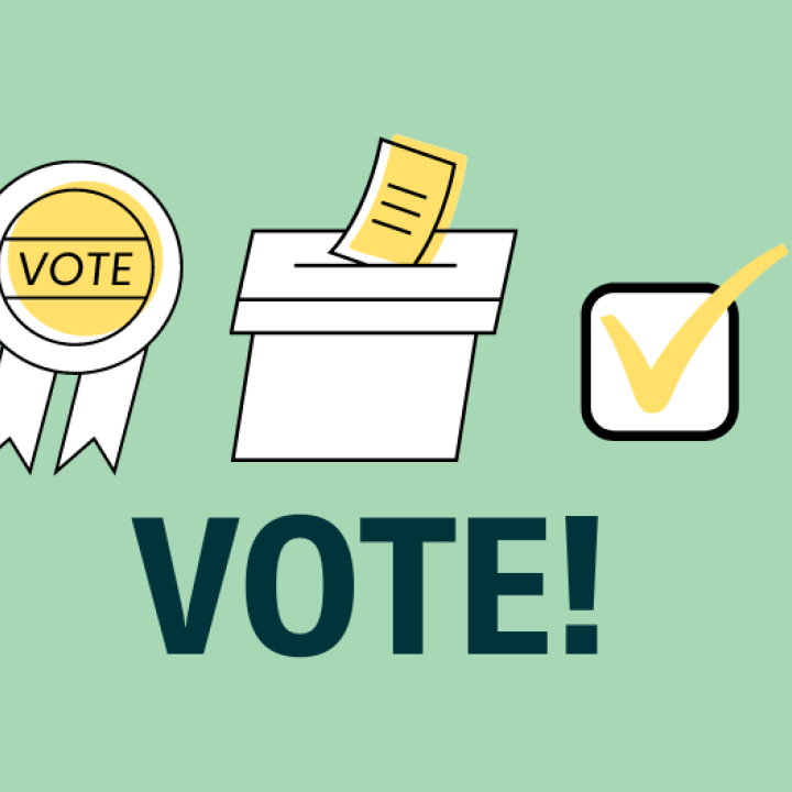 VOTE! voting badge, ballot box, and check mark