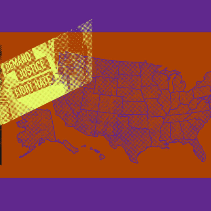 map of United States with images overlaying it of the statue of liberty, a protest poster, and the white house